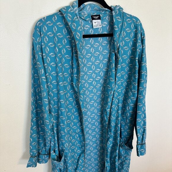 American Heaven Blue Penguin Print Cotton House Robe Medium Hood Pockets Animals - Picture 2 of 11